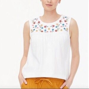 J. Crew Size S Tee Tank Floral Embroidered Yoke Cotton White Sleeveless Stretch